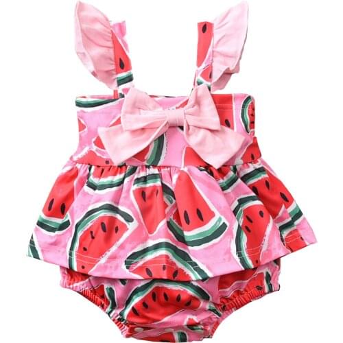 Summer Baby Girls Romper Cute Watermelon Print Ruffled Sleeveless Jumpsuit with Bowknot for Baby Girls Bodysuits 0-12 Months