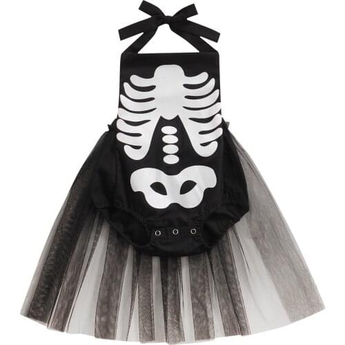 Infant Baby Girl’s Halloween Printed Romper Fashion Yarn Skirt Hem Sleeveless Triangle Jumpsuits