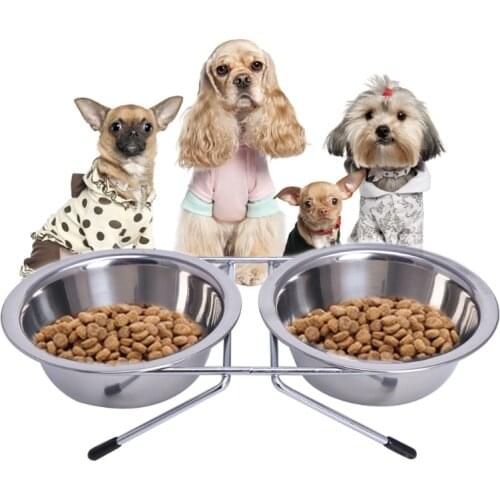 Stainless Steel Double Pet Bowls Dog Cat Water Food Non Slip Feeding Station for hamster