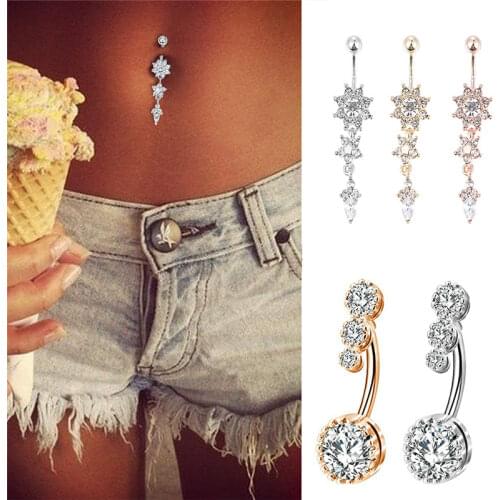 New Fashion Sexy Piercing Navel Nail Flower Pendant Crystal Belly Button Rings for Women Girls Steel Belly Piercing Jewelry