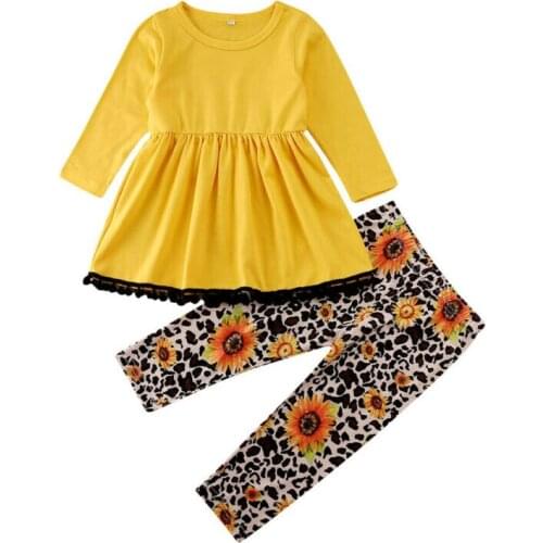 2PCS Toddler Kids Baby Girls Outfits Clothes Long Sleeve Pullover Shirt Tops+ Sunflower Print Long Pants