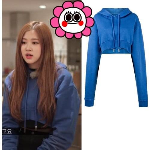 Kpop ROSE same Blue streetwear Harajuku Long-sleeve hoodies women hip hop short sweatshirts korean hooded warm clothes