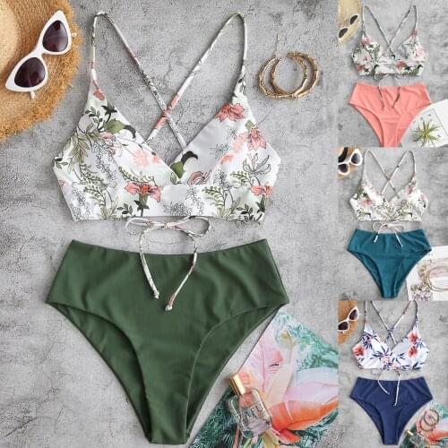 Summer Women Two Piece Swimwear Flower Print Split Bathing Suit Beachwear Swimsuit 2021 Bikini Mujer Biquini купальник женски
