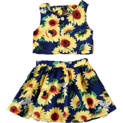 2PCS Toddler Kids Baby Girl Summer Clothes Sunflower Sleeveless Tops T-Shirt Mini Skirt Short Dress Outfits