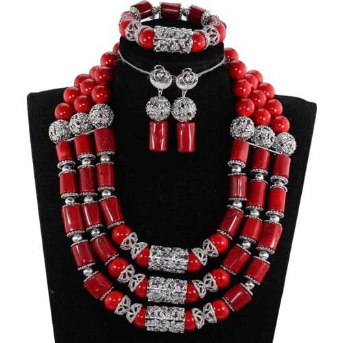 Chunky Wine Red African Coral Beads Bridal Jewelry Set Silver Indian Wedding Jewelry Set for Women Costume Jewelry Gift CNR860