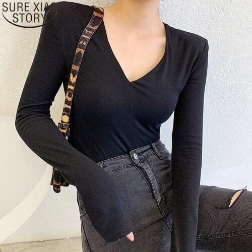 Fashion Cotton T-shirt Womens Long Sleeves V-neck Tops Autumn 2021 Shoulder Tops Slim Bottoming Clothes New Office Lady 15805