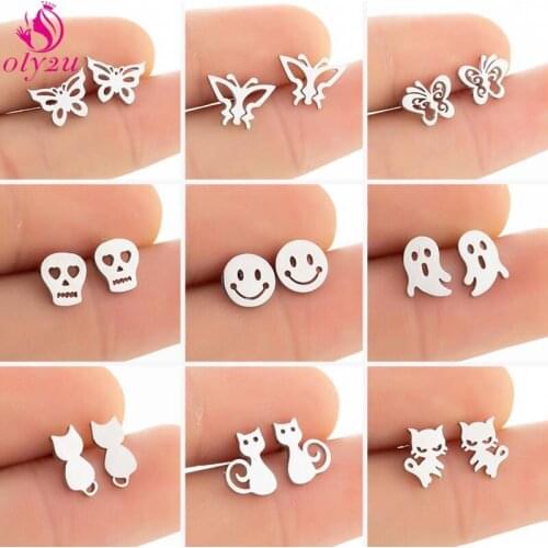 Mens 2021 Hip-Hop Stainless Steel Skull Head Personality Fashion Unisex Smiley Face Earrings Female Pierced Punk Golden Jewelry
