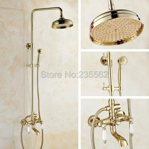 Luxury Gold Color Brass Wall Mounted Rain Shower Faucet Set Ceramic Handles Bathroom Tub Mixer Tap W/ Hand Spray lgf361