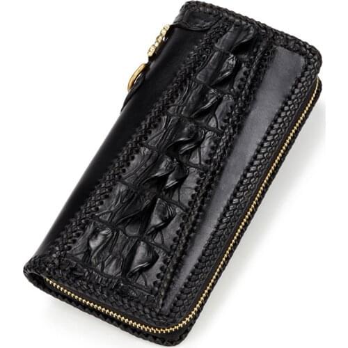 Handmade Knitting Men Genuine Leather Card Holder Alligator Long Wallets Black Purses Clutch Vegetable Tanned Leather Wallet