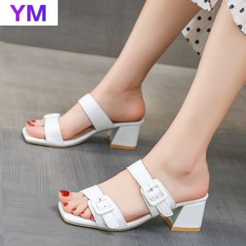Black White Womens Sandals Beach Buckle Open Toe Square Heels Genuine Leather Summer Zapatillas Casa Mujer Sapato Feminino 43