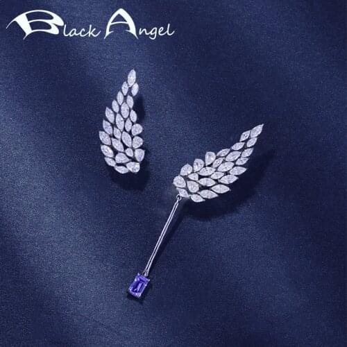 BLACK ANGEL 925 Sterling Silver Angel Wings Luxury Blue Tanzanite Asymmetry Stud Earrings for Women CZ Jewelry Wedding Gift