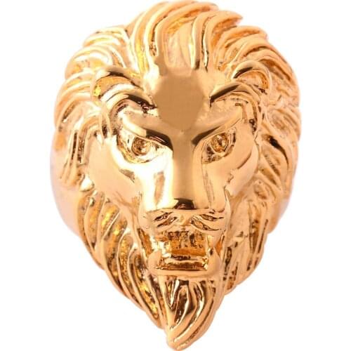 High Quality Gold Stainless Steel Lion Ring Biker Gothic Lion Head Ring Black Heavy Thai Unique Mens Cocktail Rings PR005