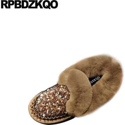 Women crystal sequin korean rhinestone sparkling diamond round toe chinese ladies beautiful flats shoes winter fur bling glitter