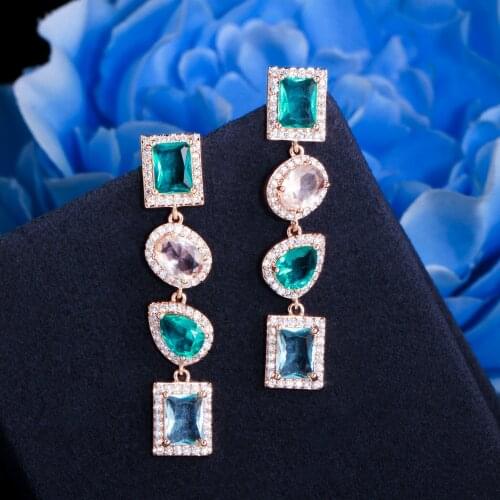 CWWZircons Shiny Dangle Drop Multicolor Blue Cubic Zirconia Crystal Long Earrings for Women 585 Gold Boho Party Jewelry CZ911