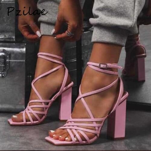 Pzilae New fashion elegant ladies sandals 2020 cross-strap square toe high heels shoes chunky heel gladiator sandals women