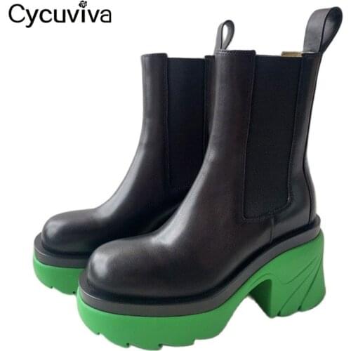 Hot Mid-calf Knight Boots Women Genuine Leather Chelsea Boots Chunky Heel Casual Brand Shoes Women Designer Platform Boots Women