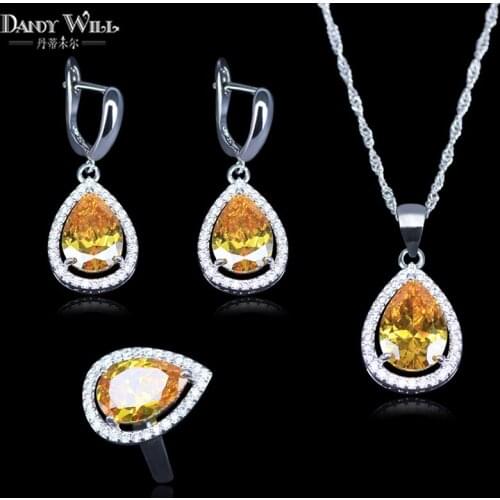 Pretty Birthday Present Yellow White Zircon Silver Color For Women Costume Jewelry Sets Pendants/Earrings/Rings