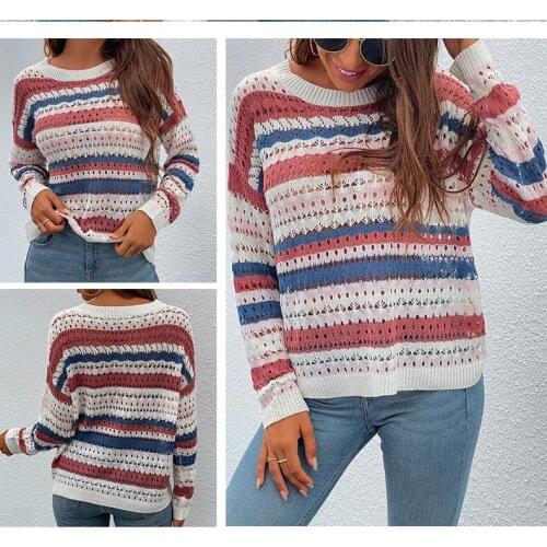 Sweater Women Spring Autumn Stripes Print Sweaters Hollow Out O-Neck Long Sleeve Pullover Womens Clothing 2021 Casual Loose Top