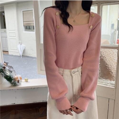 Temperament Square Collar Knitted Pullovers Women Fall Long Sleeve Elegant Cropped Sweater Solid Office Lady Sueter Mujer