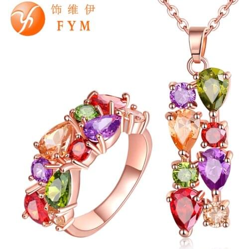 FYM Womens Colorful Rose Gold Color Jewelry Sets for Women Mona Lisa Cubic Zircon Necklace Ring Multicolor Jewellery Set JS0015