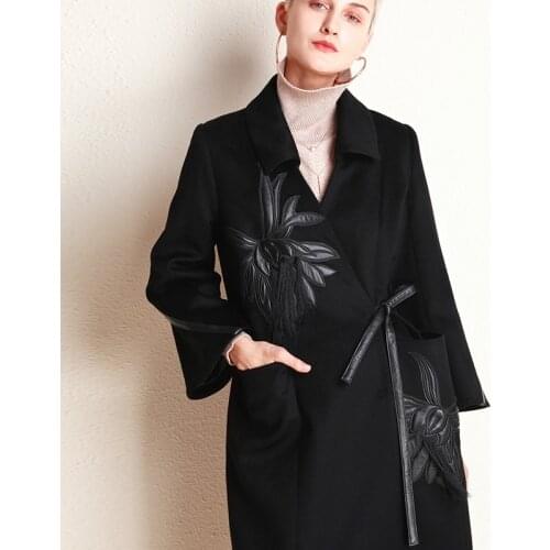 2018 Winter Women Woolen Cashmere Coat V Neck Long Embroidery Wool Coat with Sashes Casual Wide-waisted Big Pocket Jacket
