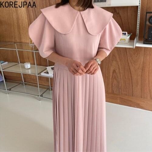 Korejpaa Women Dress 2021 Summer French Gentle Doll Collar Loose Solid Color Lantern Sleeve Stitching Design Pleated Vestidos
