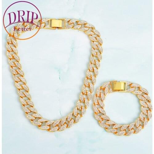 15mm Miami Cuban Necklace Bracelet Set Alloy Full Iced Rhinestone Necklace Chain For Men Hip Hop Rock Street Jewelry