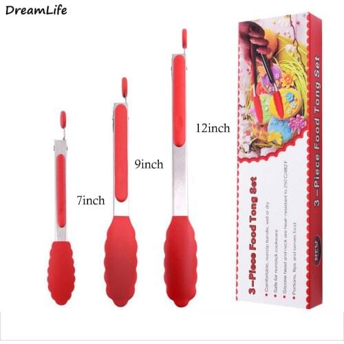 3 Pieces Silicone Food Tong Stainless Steel Kitchen Tongs Silicone Non-slip Cooking Clip Clamp BBQ Tools Kitchen Accessories