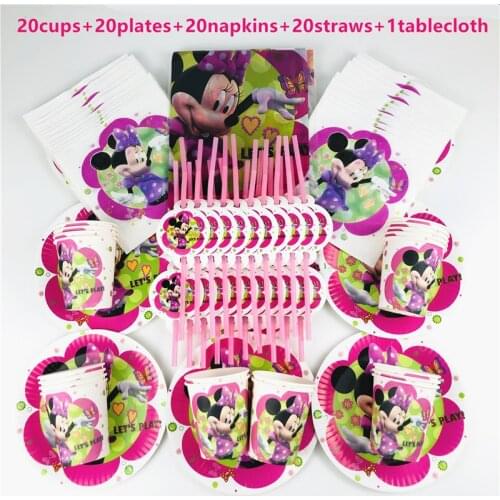 81Pcs Disney Minnie Mouse Theme Kid Favor Birthday Party Paper Disposable Cup+Plate+Napkin+Straw+Tablecloth Decoration Supplies
