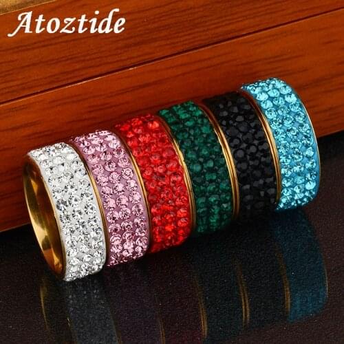 Atoztide Luxury 7 Colors Stainless Steel 8mm 3 Rows Lines Clear Crystal Rings Round Female Wedding Rings Anillos Mujer