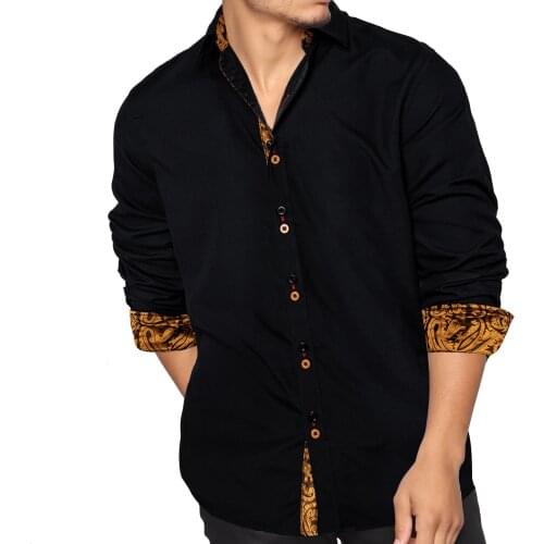 Black Solid Men Dress Shirt Slim Fit Casual Paisley Button-down Collar Spring Autumn Shirt For Men