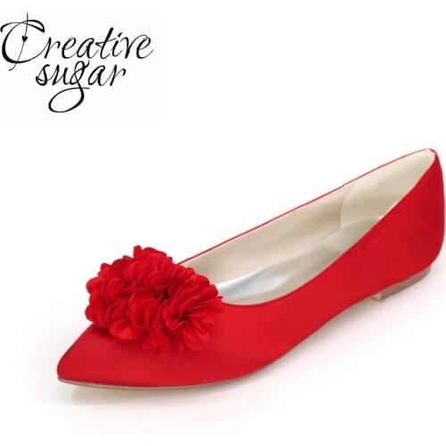 Creativesugar Sweet 3D flower petal pointed toe woman flats satin evening dress shoes silver grey purple red white royal blue