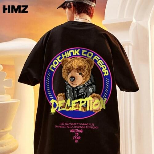 HMZ 2021 New Fashion T Shirt Hip Hop Men Summer half Sleeve Loose Cotton Casual Sad Bear Printing T-Shirt Oversized Tops Tees