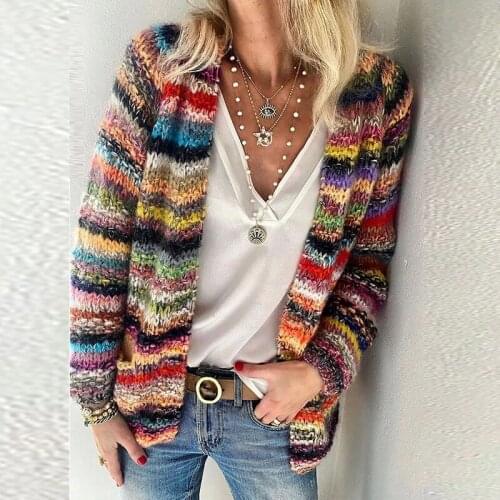 2021 Autumn Winter Women Cardigan Warm Long Sleeve Casual Striped Outerwear Womens Multicolor Open Front Knit Sweaters