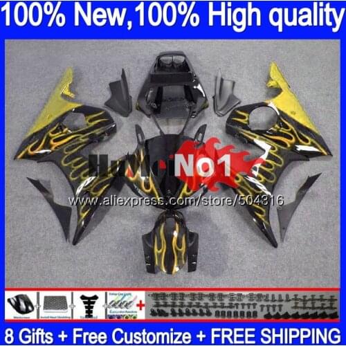 Body For YAMAHA YZF600 YZF R6 600CC YZF 600 R 6 CC Golden flames 5MC.48 YZF-600 YZF-R6 2003 2004 2005 YZFR6 03 04 05 Fairings