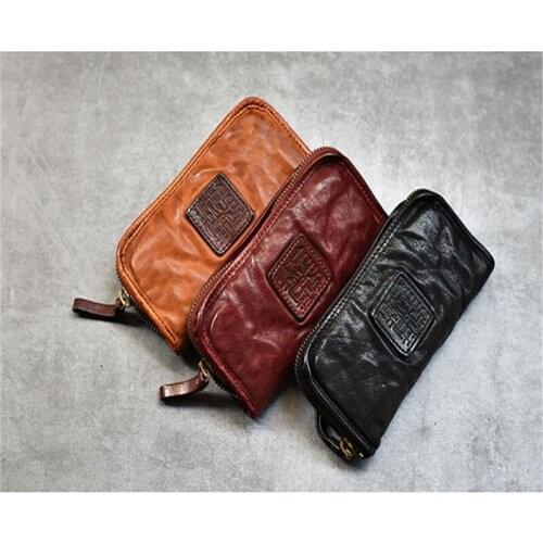 Harajuku style retro hand-washed Genuine leather vertical long zipper personality totem large capacity wallet mens handbag