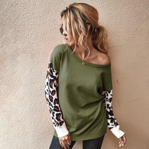 Fashion All-match Womens Knitted Sweater O-Neck Leopard Long Sleeve Tops Pullover Loose Stitching Autumn Winter Casual Clothing