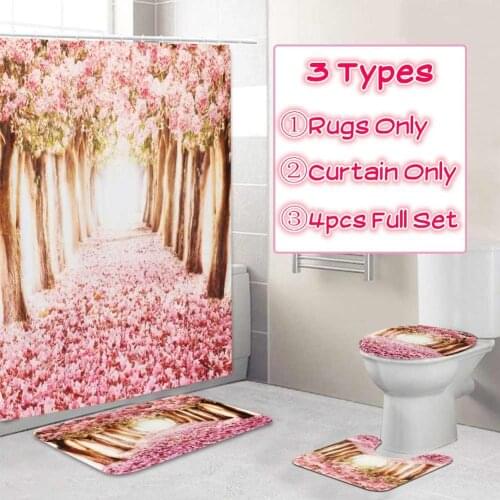 Romantic Pink Flower Sakura Blossom Bathroom Non-slip Mat Set Durable Waterproof Shower Curtain Set Pedestal Rug Lid Toilet Cove