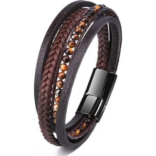 New 2020 Multi-layer Hand-woven Gold Steel Black Mens Leather Stainless Steel Bracelet Carved Logo For Surprise Birthday Gift