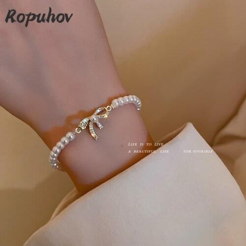ROPUHOV 2021 New Korean Trendy Gold Plating Korean Baroque Bow Pearl Bracelet Mori Girl Bracelet Jewelry Ins Niche Design