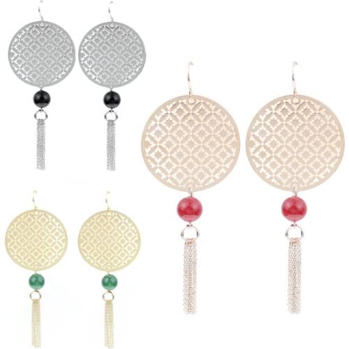 Wholesale Hollow Disc Earring Vintage Palace Style Carved Charms EarringGold-plated chain fringe carved earrings long for women