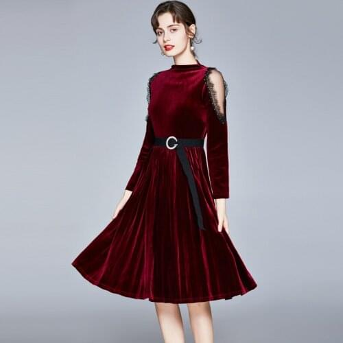 Autumn Runway Red Christmas Velvet Midi Dress Vintage Elegant Mesh Stitching Lady Work Pleated Party Dress with Belt k8633