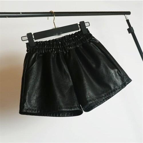 Autumn Women PU Shorts Ladies All Match Wide leg Shorts Elastic High Waist Shorts Female Casual Black Shorts Short Pants AB1577