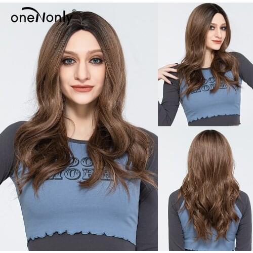 OneNonly Body Wave Wigs Ombre Black to Brown Synthetic Hair Wigs Middle Part Natural Wavy Cosplay Heat Resistant Wigs for Women