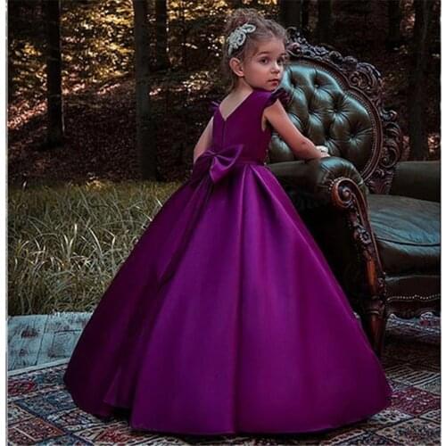 Purple Flower Girl Dress for Wedding Girls First Communion Dress Satin Princess Gown with Beading Sash Elegant Kids Dresses