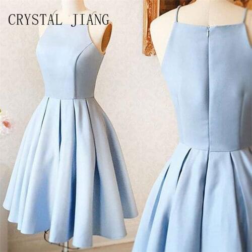 Homecoming Dresess Vestidos De Graduacion Sky Blue Satin Spaghetti Straps A Line Knee Length Short Graduation Dresses 2019