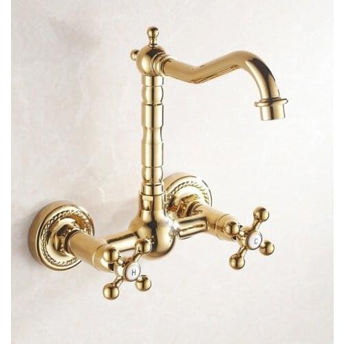 Polished Gold Wall Mounted Bathroom Basin Faucet Dual Handle Swivel Spout Kitchen Sink Mixer Tap