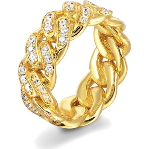 Luxury Hiphop Crystal Rhinestone Rings For Men Women Gold Silver Color Stainless Steel Punk Mens Ring Fashion Jewelry Size 6-10