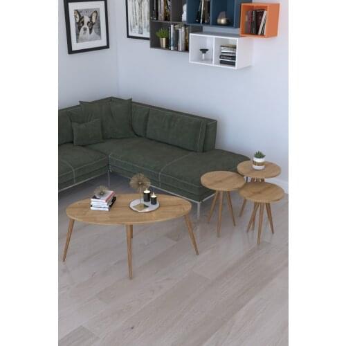 Modern 3'lü Round Zigon Coffee table, Serving Stand and Istanbul Center table-Oak coffe table table bassee
