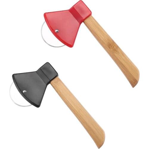 Axe Pizza Knife Funny Cool with Bamboo Handles and Sharp Rotating Blades Household Kitchen Cutting Tool with Wheel